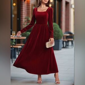 Women's Long Sleeve Velvet Maxi Dress in Burgundy